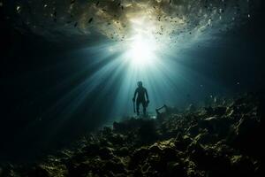 Free diver exploring a shipwreck AI Generative photo