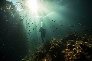 Free diver exploring a shipwreck AI Generative photo