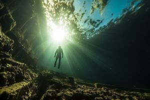 Free diver exploring a shipwreck AI Generative photo