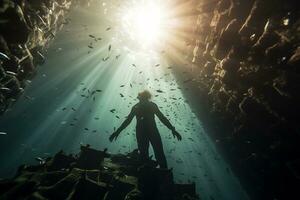 Free diver exploring a shipwreck AI Generative photo