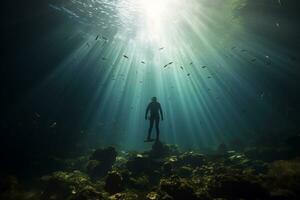 Free diver exploring a shipwreck AI Generative photo