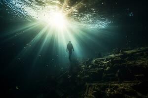 Free diver exploring a shipwreck AI Generative photo