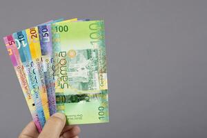 Samoan money in the hand on a gray background photo