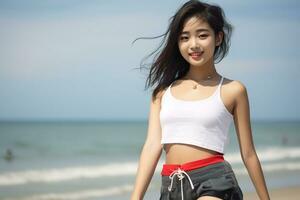 Beautiful asian girl enjoying summer in the beach AI Generative photo