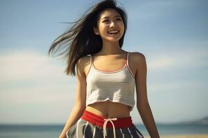 Beautiful asian girl enjoying summer in the beach AI Generative photo