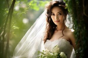 Beautiful asian girl on bride dress AI Generative photo