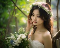 Beautiful asian girl on bride dress AI Generative photo