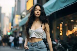 hermosa asiático niña en trandy casual atuendo ai generativo foto