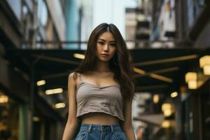 Beautiful asian girl on trandy casual outfit AI Generative photo