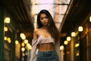 Beautiful asian girl on trandy casual outfit AI Generative photo