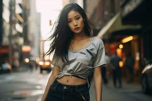 Beautiful asian girl on trandy casual outfit AI Generative photo