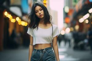 Beautiful asian girl on trandy casual outfit AI Generative photo