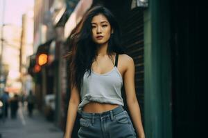 Beautiful asian girl on trandy casual outfit AI Generative photo