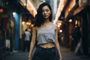 Beautiful asian girl on trandy casual outfit AI Generative photo