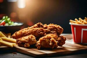 chicken wings and fries on a wooden cutting board. AI-Generated photo