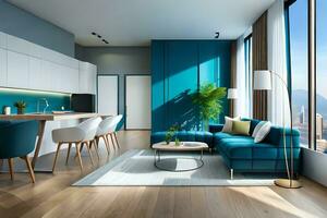 a modern living room with blue walls and wood floors. AI-Generated photo