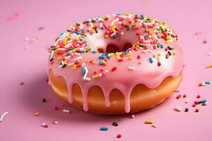 Delicious donut with pink icing and sprinkles AI Generative photo