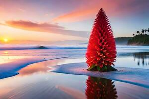 un rojo flor soportes en el playa a puesta de sol. generado por ai foto