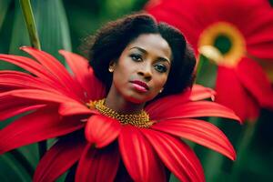 a beautiful woman with red flowers in her hair. AI-Generated photo