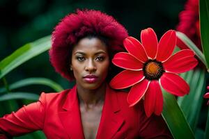 un mujer con rojo pelo y un flor. generado por ai foto