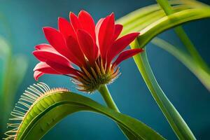 a red flower is in the center of a green plant. AI-Generated photo