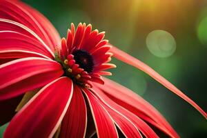red flower with sun shining in the background. AI-Generated photo