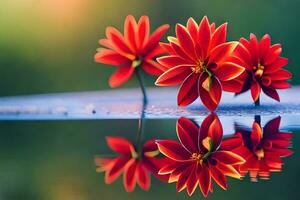 Tres rojo flores son reflejado en agua. generado por ai foto