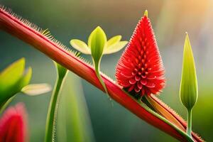 a red flower is growing on a stem. AI-Generated photo