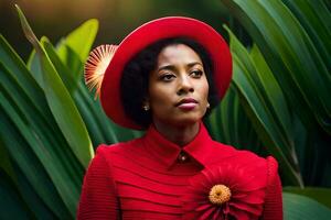 a woman in a red dress and hat standing in front of green plants. AI-Generated photo