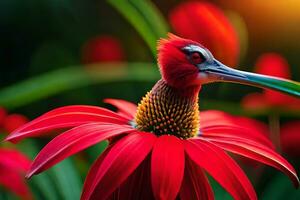 a bird with a long beak and red flowers. AI-Generated photo