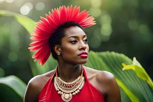 un hermosa mujer en un rojo vestir con un flor tocado. generado por ai foto