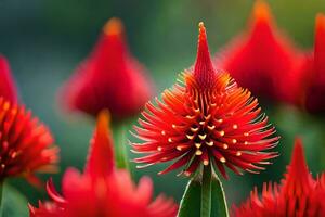 a close up of red flowers with green leaves. AI-Generated photo