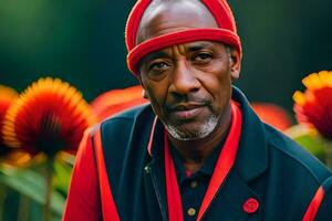 un hombre vistiendo un rojo sombrero y negro chaqueta en frente de flores generado por ai foto