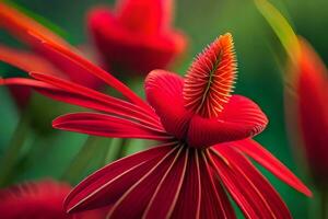 a close up of red flowers with green leaves. AI-Generated photo