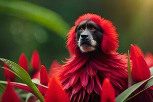 un perro con rojo flores en sus cabeza. generado por ai foto