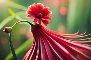 a red flower with a long stem and a bright green background. AI-Generated photo