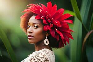 a beautiful woman with a red flower in her hair. AI-Generated photo