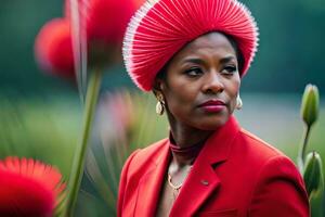 un mujer vistiendo un rojo tocado y un rojo chaqueta. generado por ai foto