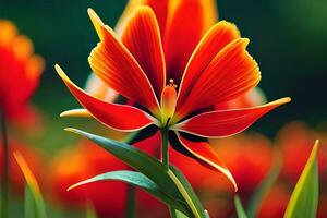 a red and orange flower is in the middle of a field. AI-Generated photo