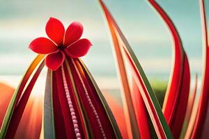 un rojo flor es en el medio de un campo. generado por ai foto