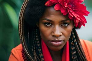 a woman with dreadlocks and a red flower in her hair. AI-Generated photo