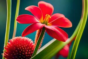 a red flower is in the foreground of a green background. AI-Generated photo