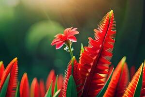 rojo flor en un verde planta con luz de sol brillante a través de. generado por ai foto