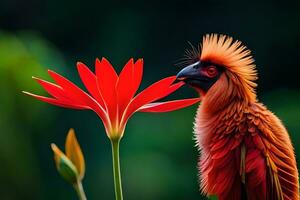 un rojo pájaro con un largo plumoso cabeza y un flor. generado por ai foto