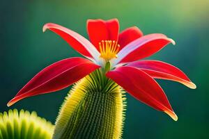 a red flower is on top of a cactus. AI-Generated photo