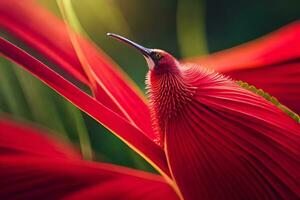 un cerca arriba de un rojo pájaro de paraíso flor. generado por ai foto