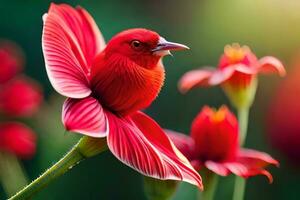 a red bird is perched on a flower. AI-Generated photo