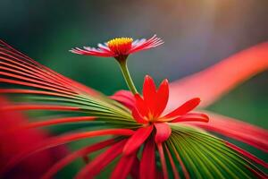 a red flower is standing on top of a green plant. AI-Generated photo