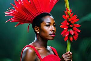 un hermosa mujer en un rojo vestir participación un grande flor. generado por ai foto
