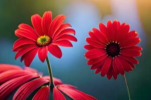 dos rojo flores son mostrado en frente de un brillante Dom. generado por ai foto